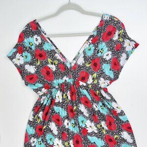 Lush Black White Red Teal Floral Poppies V-Neck Mini Fit and Flare Dress Size M